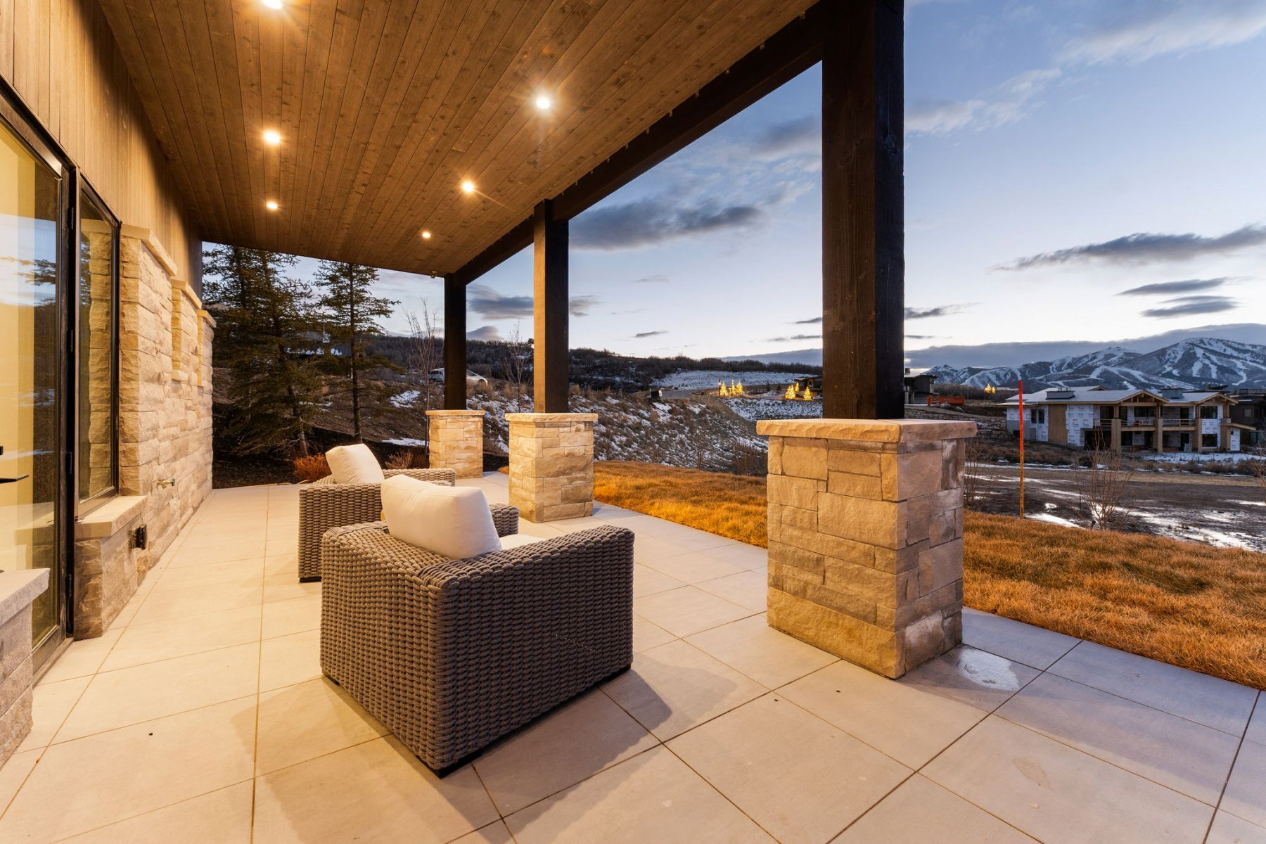 View of patio with a mountain view