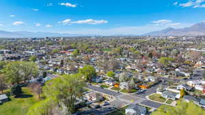 Aerial perspective of suburban area with mountains