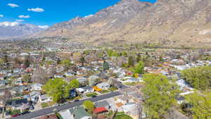 Aerial perspective of suburban area featuring mountains
