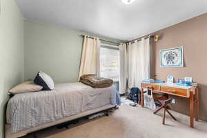 Bedroom featuring carpet floors and an office area