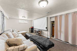 Cinema featuring a textured ceiling and carpet flooring