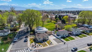 Aerial view of residential area with mountains