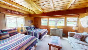 Bedroom with multiple windows, wooden walls, light carpet, and wooden ceiling