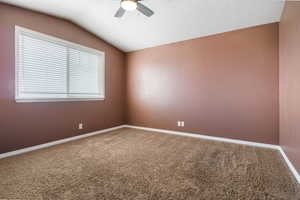 Unfurnished room with lofted ceiling, light carpet, and a ceiling fan