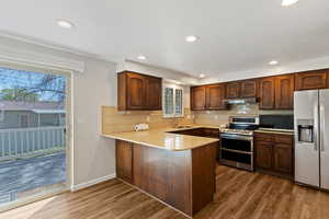 Kitchen featuring stainless steel appliances, a peninsula, backsplash, dark wood-style floors, and recessed lighting