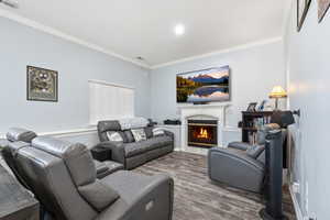 Living room featuring crown molding, a tiled fireplace, and wood finished floors