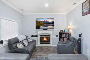 Living area with dark wood finished floors, ornamental molding, and a glass covered fireplace