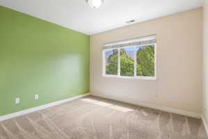 Room featuring neutral-toned carpet, a prominent window with a mountain backdrop, and a distinct accent wall