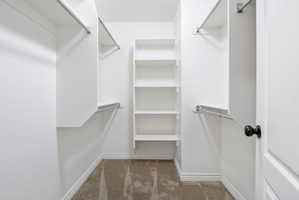 Walk-in closet featuring built-in shelving, dual hanging rods, white trim, and neutral-toned carpeting