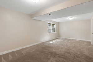 Carpeted room featuring a single window, recessed lighting, and neutral wall tones
