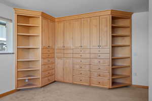 Custom built-in cabinetry featuring natural wood-finish, varied storage compartments, integrated shelving, and dark hardware
