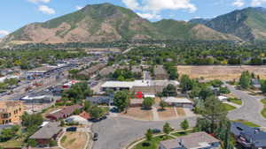 Aerial perspective showcasing the property highlighted with a red marker, surrounded by residential areas and lush green trees
