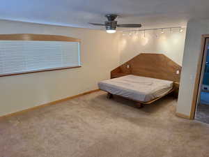 Bedroom featuring ceiling fan, light colored carpet, and rail lighting