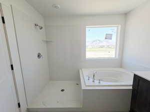 Bathroom featuring a shower stall, vanity, and a garden tub