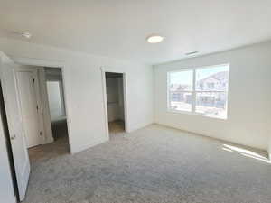 Unfurnished bedroom featuring a spacious closet and light colored carpet