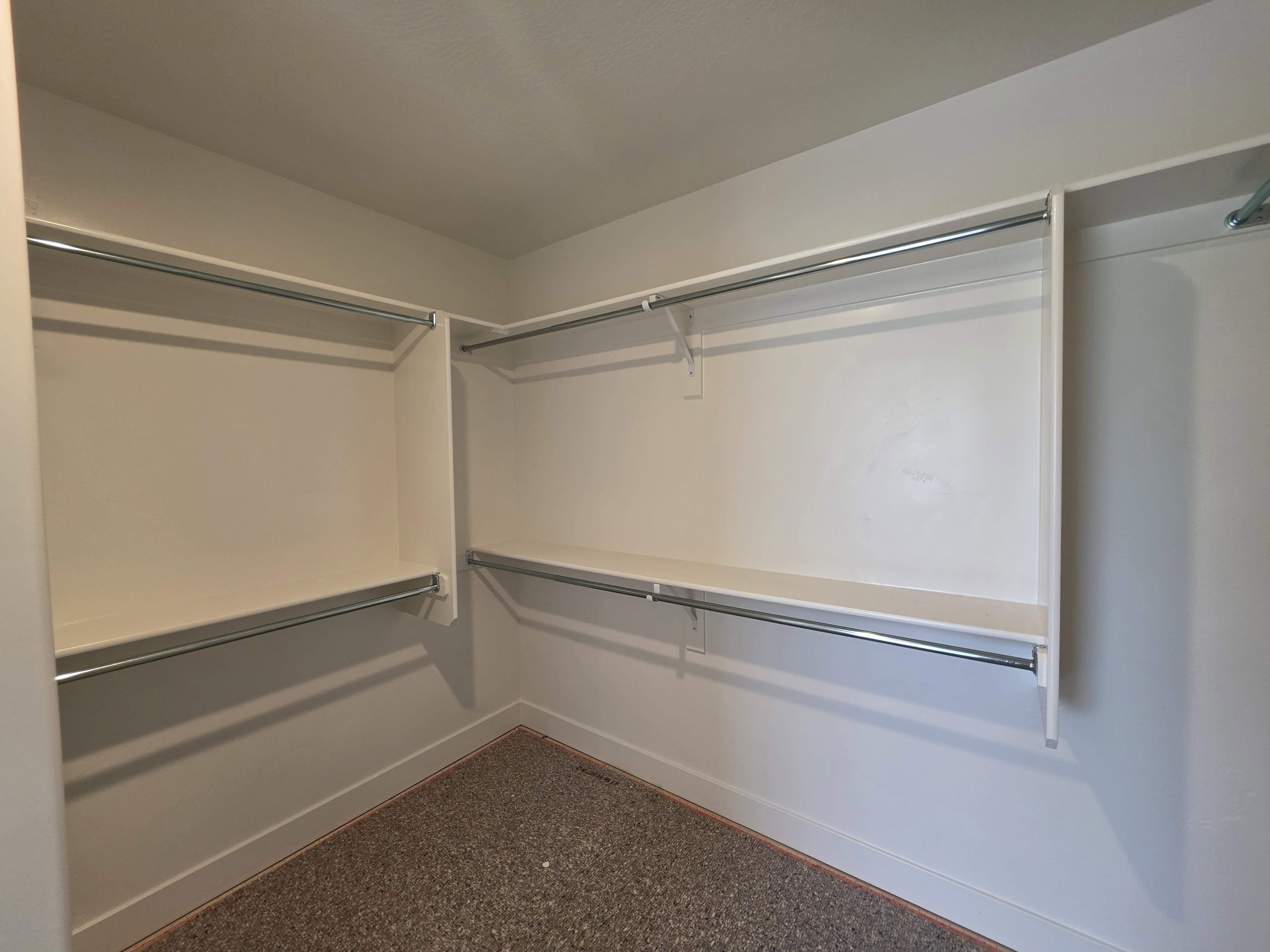 Walk-in closet featuring white shelving, multiple hanging rods, and neutral carpet flooring