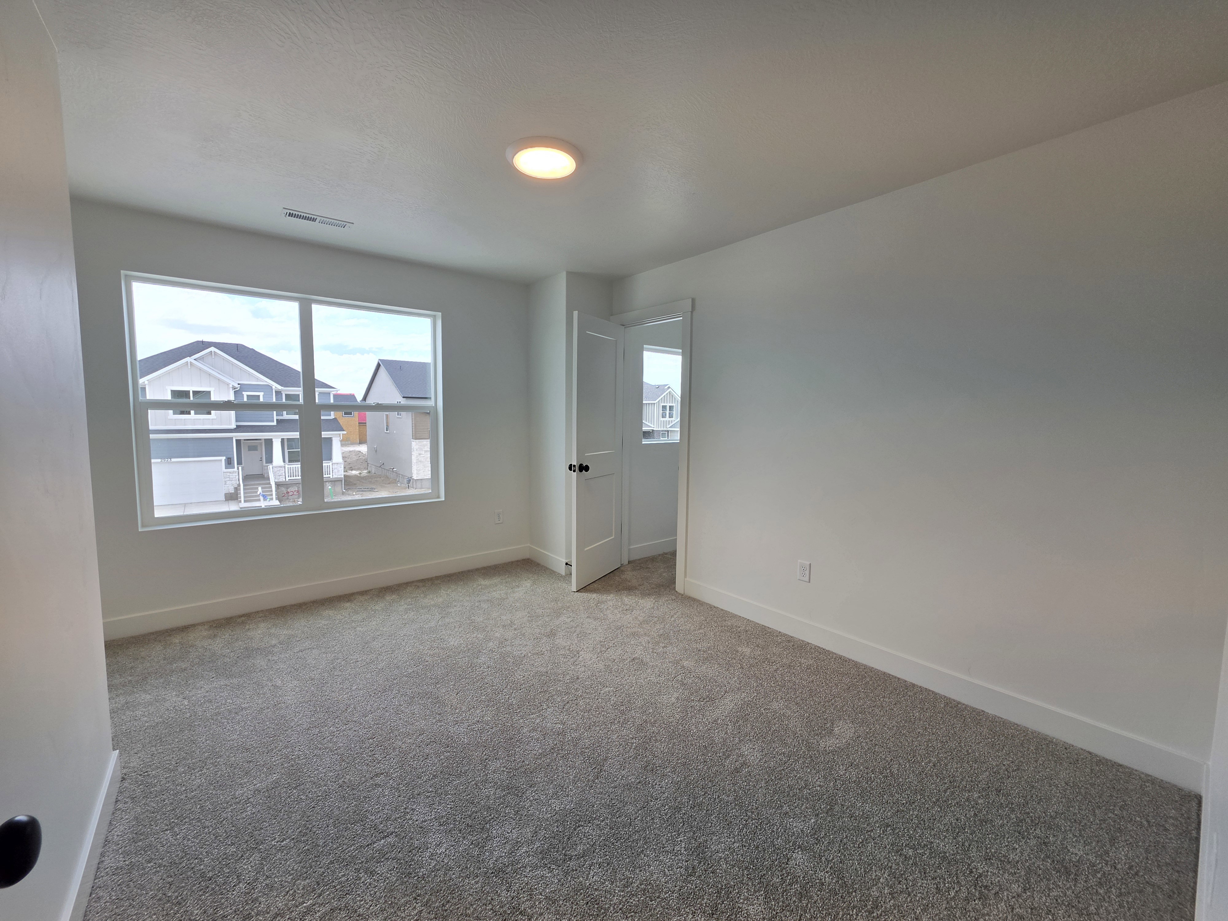 Spacious room featuring a large window, plush carpeting, white trim, and a ceiling-mounted light fixture