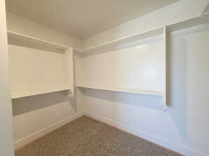 Walk in closet with dark colored carpet