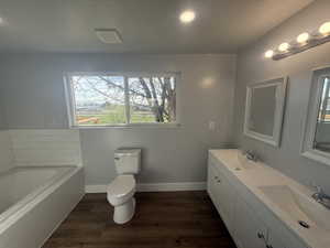 Bathroom featuring a garden tub, dark wood-style flooring, and double vanity