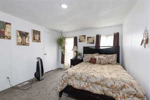 Bedroom with carpet flooring and a textured ceiling