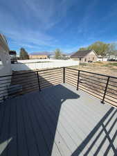 Wooden deck with a fenced backyard, a residential view, and a mountain view