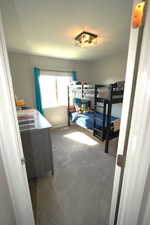 Bedroom with light carpet and baseboards