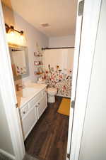 Full bath with vanity, dark wood-style floors, and a shower with curtain