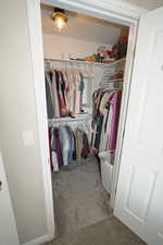 Walk in closet featuring light carpet