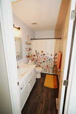 Full bath featuring vanity, dark wood-style flooring, and a shower with curtain