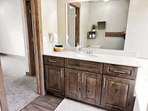 Bathroom featuring vanity, dark wood-type flooring, and dark colored carpet