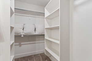 Walk in closet featuring light carpet