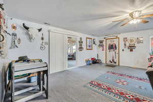 Recreation room with carpet and ceiling fan