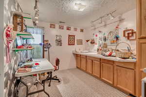 Office space featuring rail lighting and a textured ceiling