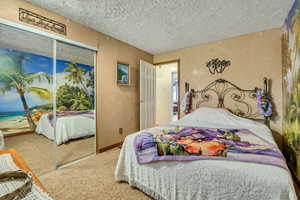 Bedroom with a closet, a textured ceiling, and carpet