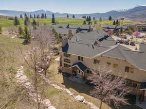 Aerial view of residential area with mountains