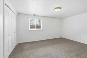 Unfurnished bedroom featuring carpet floors, a textured ceiling, a closet, and crown molding