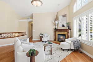 Family room with a premium fireplace and light wood-type flooring