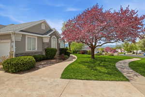 View of property exterior featuring stone siding, stucco siding, a yard, a garage, and a shingled roof