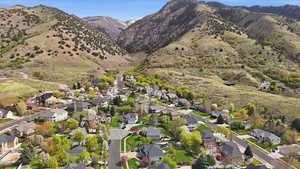 Aerial view of residential area with a mountainous background