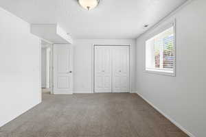 Unfurnished bedroom with a textured ceiling, carpet flooring, a closet, and ornamental molding