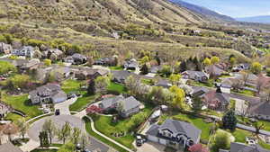 Aerial view of residential area with mountains