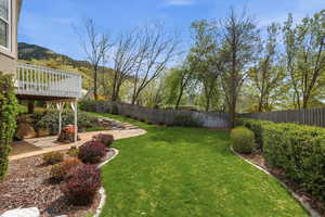 Fenced backyard featuring a wooden deck and a patio area