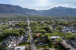 Aerial view of residential area with a mountain backdrop