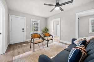 Living room with light wood-type flooring and ceiling fan