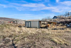 View of yard with a storage unit and a mountain view