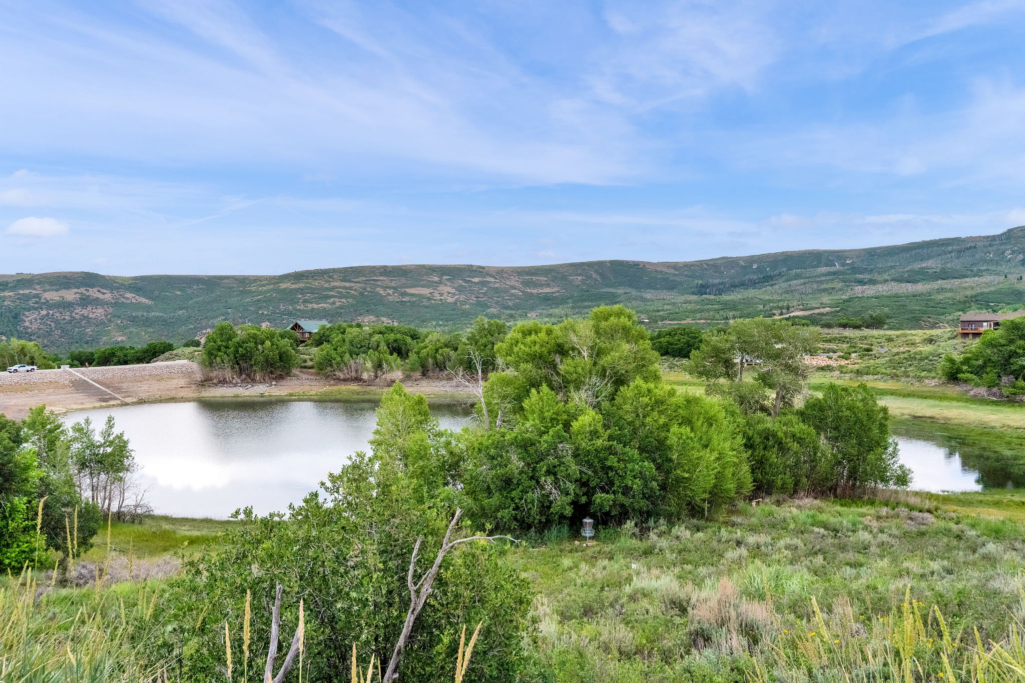 Lush, undeveloped landscape featuring a reflective body of water surrounded by dense green foliage