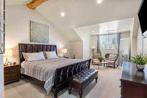 Bedroom with light carpet, recessed lighting, and lofted ceiling with beams