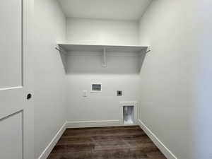 Laundry area featuring dark wood finished floors, electric dryer hookup, and hookup for a washing machine