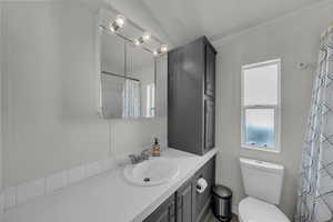 Full bath with vanity, crown molding, and curtained shower