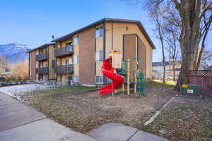 Communal playground with a mountain view